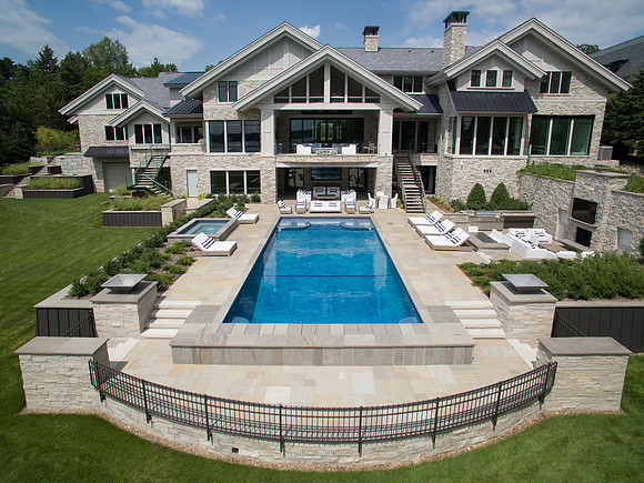 Orijin Stone Pool Deck, Wayzata Residence, Drone aerial photo by Jon Huelskamp