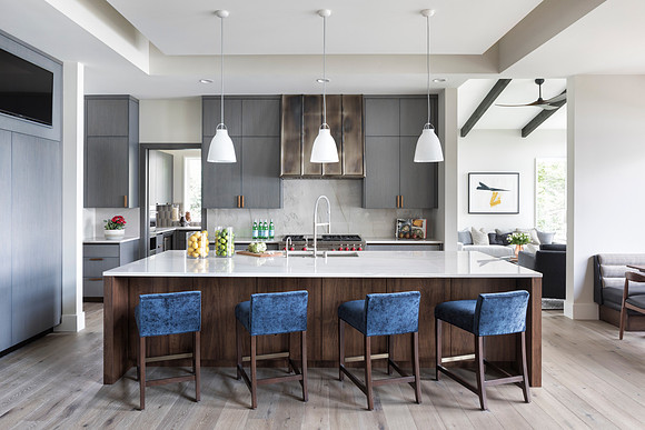 Kitchen with walnut island, Cambria top and Wolf range.
