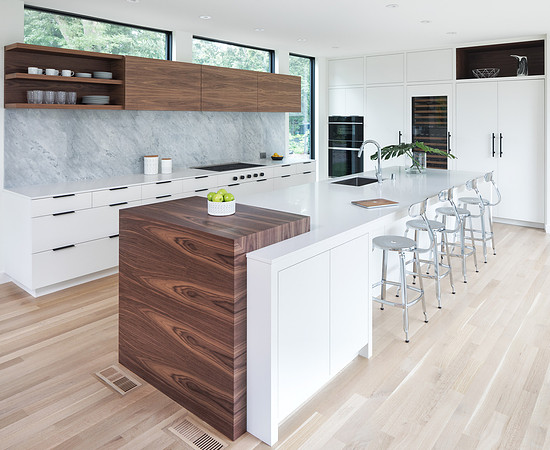 Contemporary kitchen with butcher block end cap