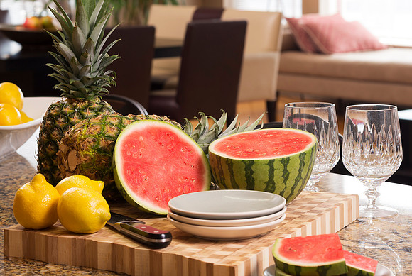 Watermelon on the cutting block.